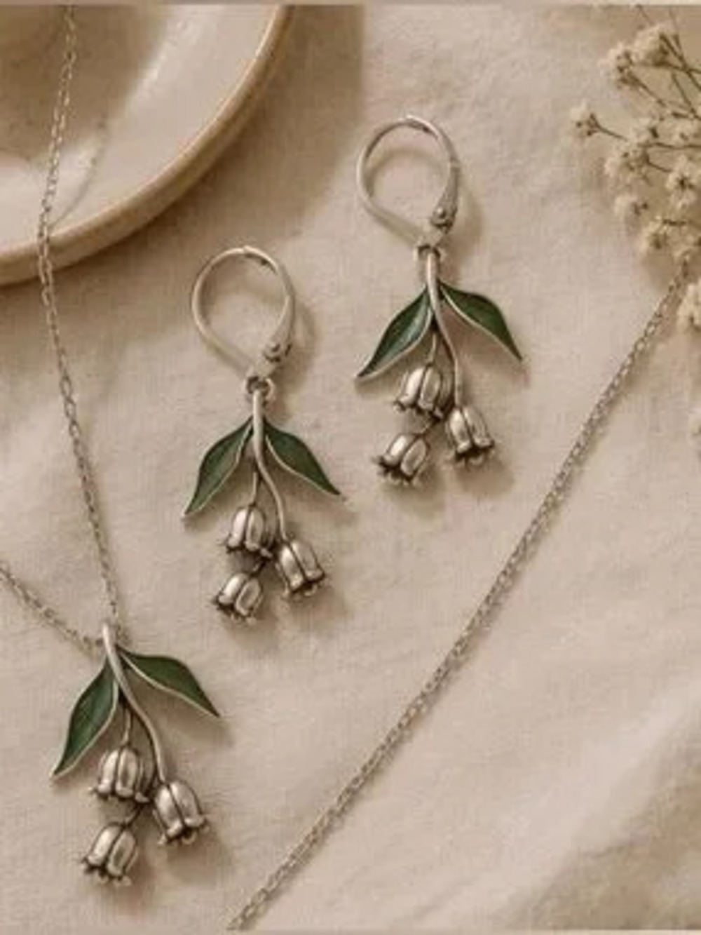 Lily of the Valley Jewelry Set Silver Botanical Necklace and Earrings
